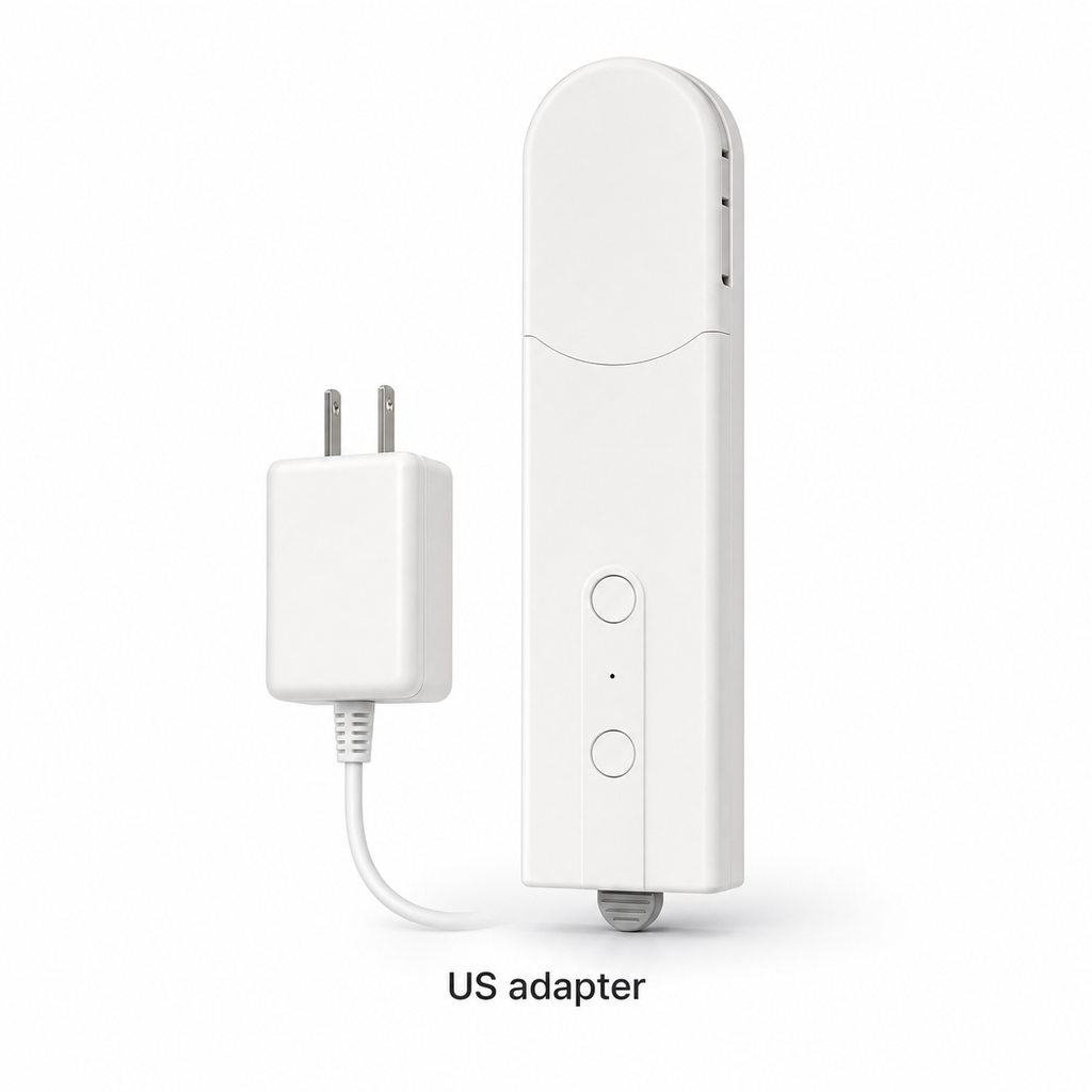 NéoShade smart shade motor variant with US power adapter on white background