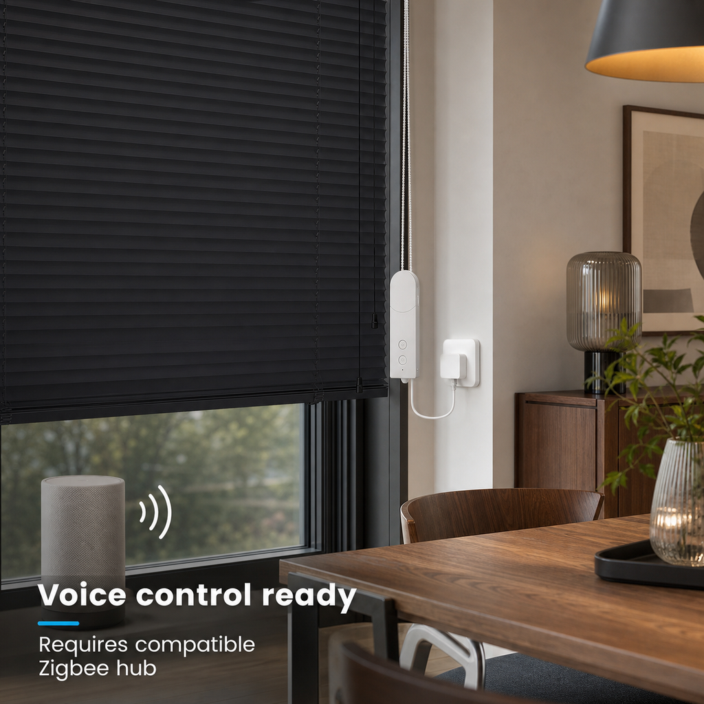 Lifestyle image of smart roller blind motor with generic voice control compatibility