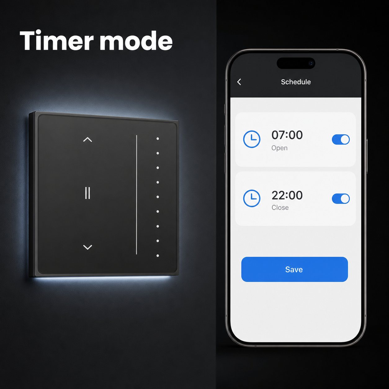 Timer mode app screen for curtain switch