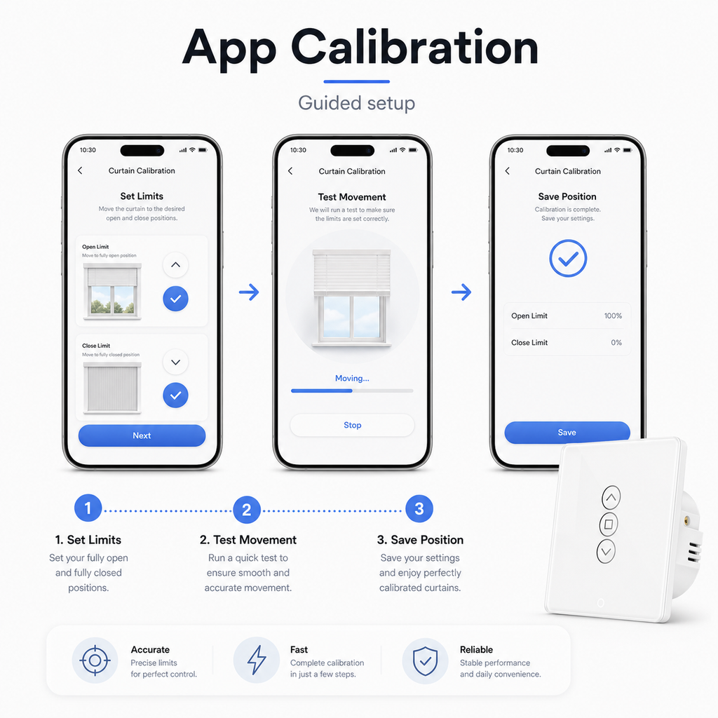 App calibration guide for NéoShade Glass Comfort curtain switch