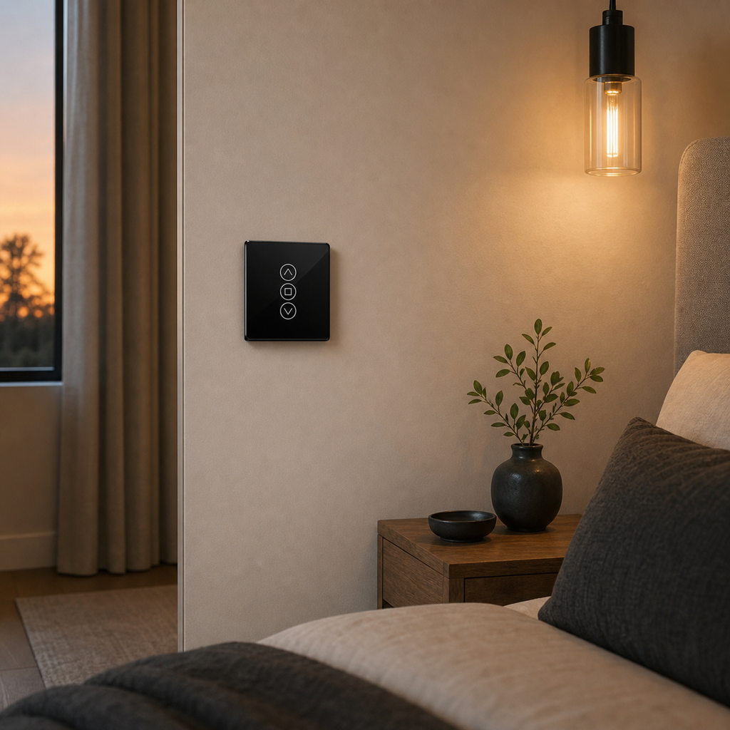 Black glass curtain switch installed in a modern bedroom