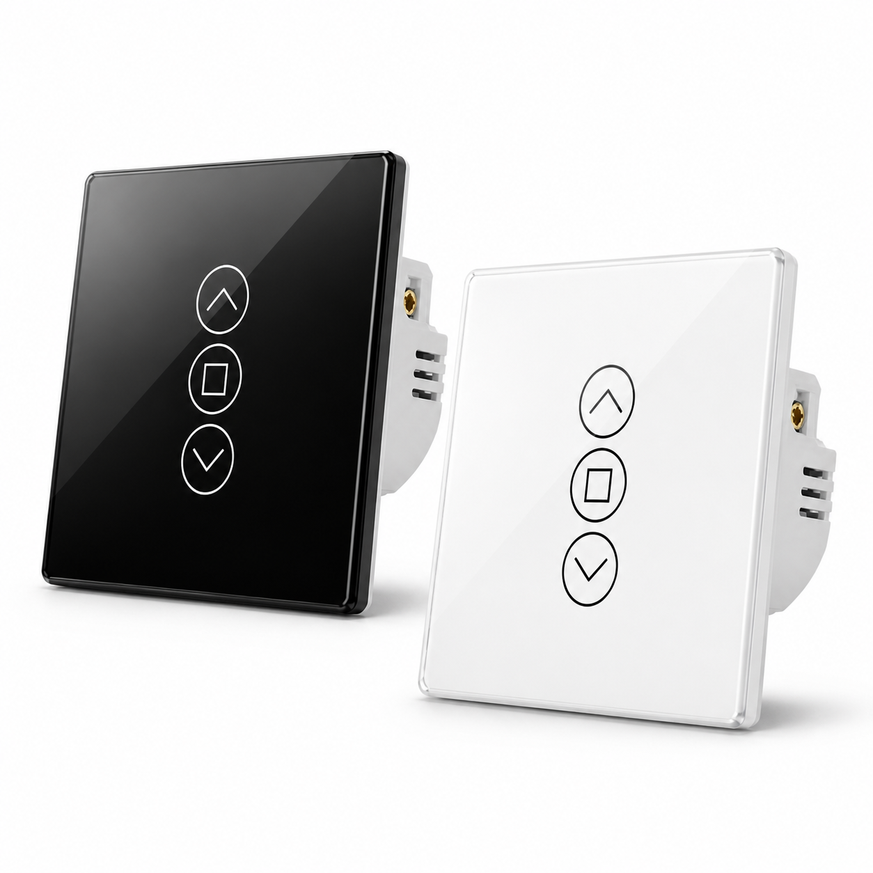 Studio packshot of black and white NéoShade Glass Comfort curtain switches