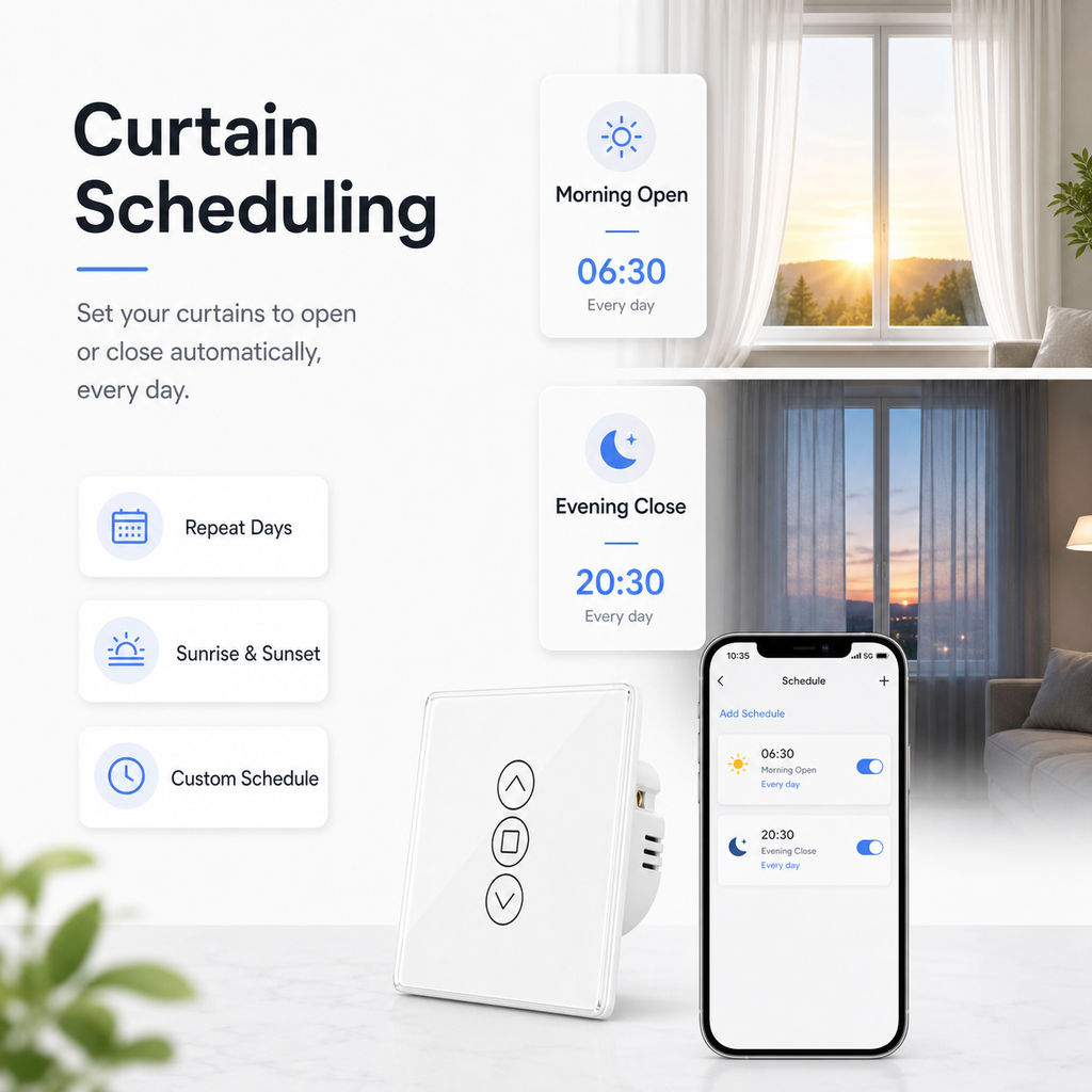 Curtain scheduling automation visual for NéoShade Glass Comfort