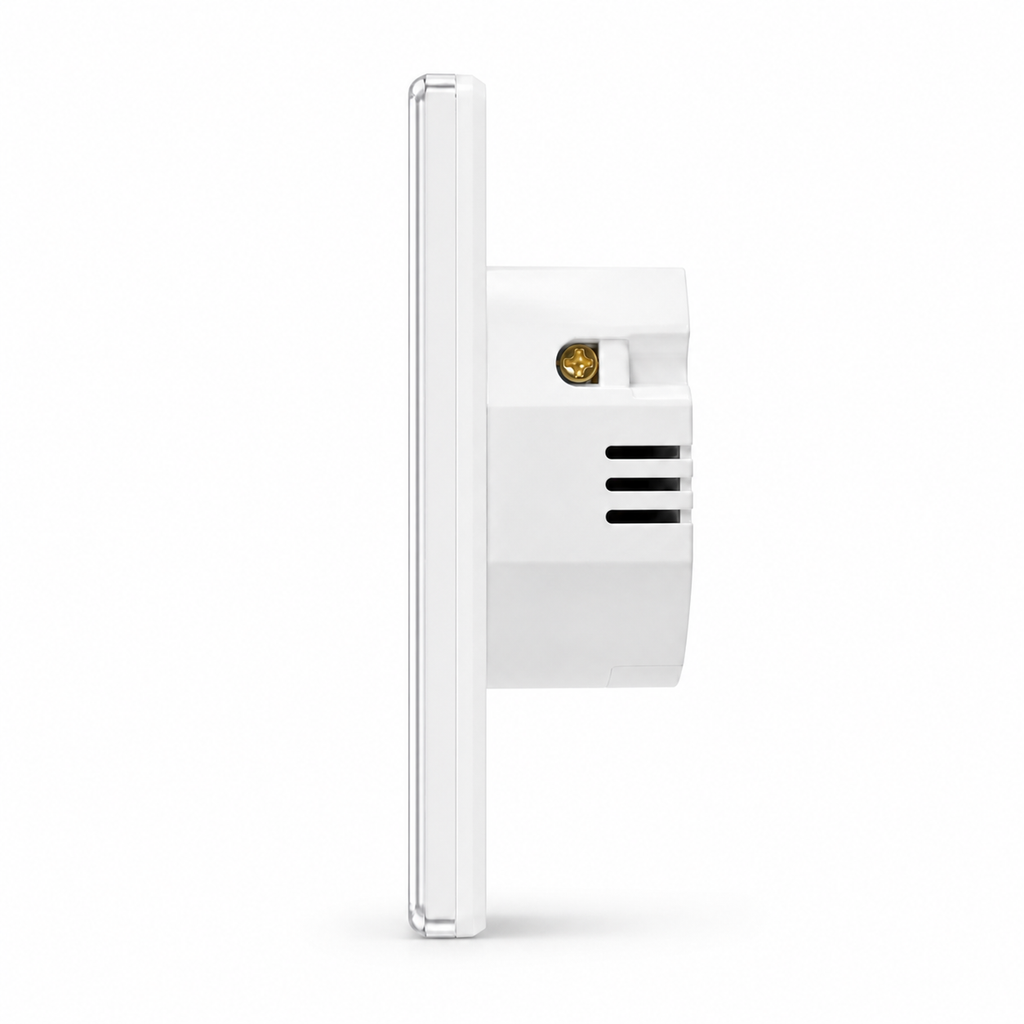 Side profile of white glass curtain switch with rear module