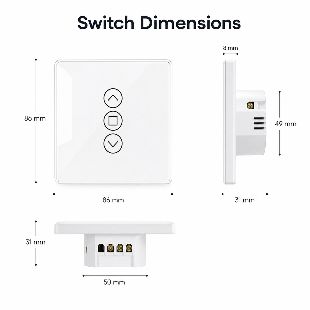 Dimension diagram for white glass curtain switch