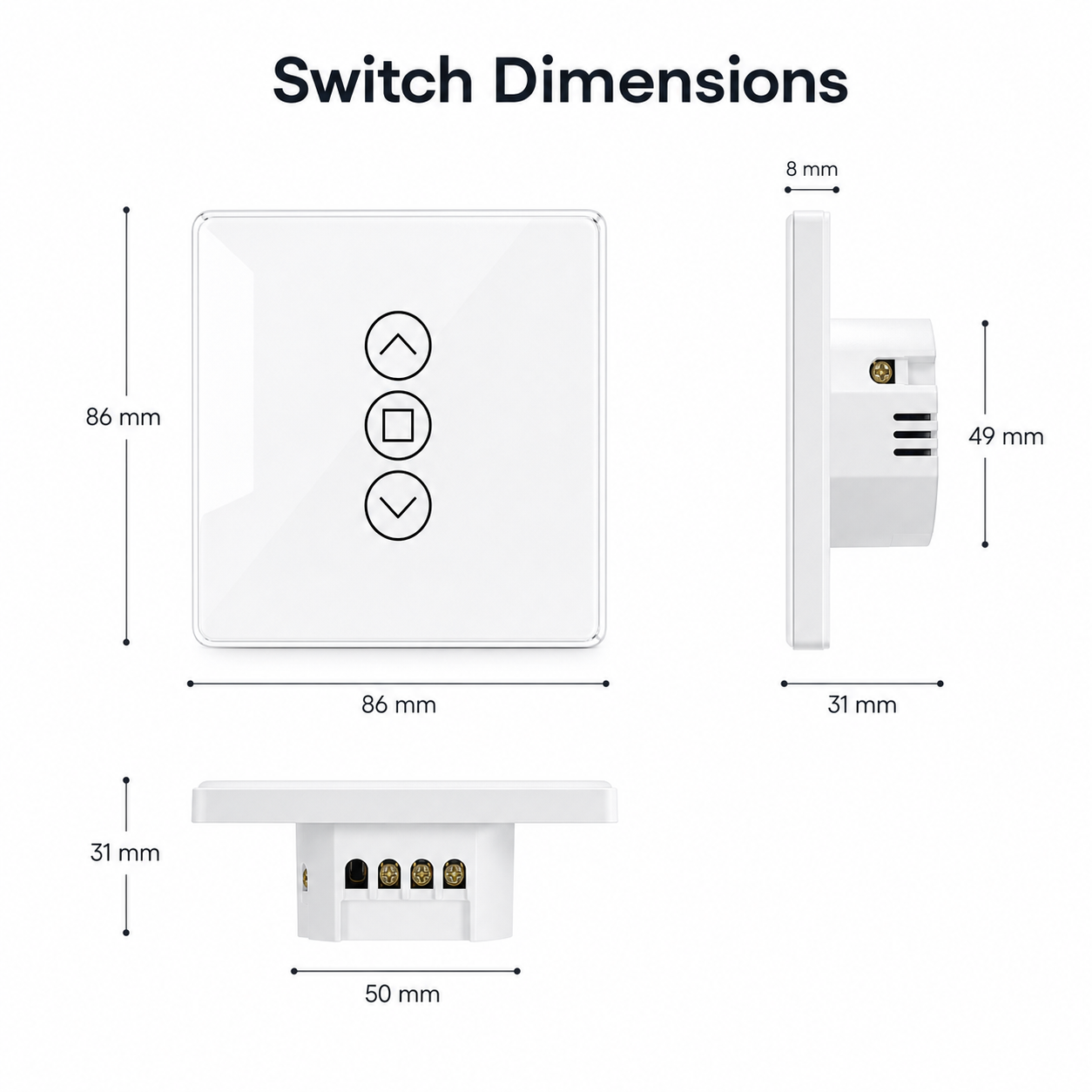 Dimension diagram for white glass curtain switch