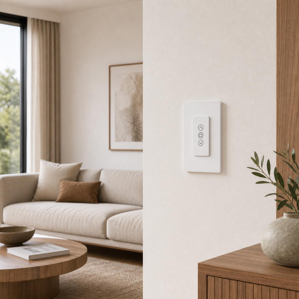 White glass curtain switch installed in a modern living room