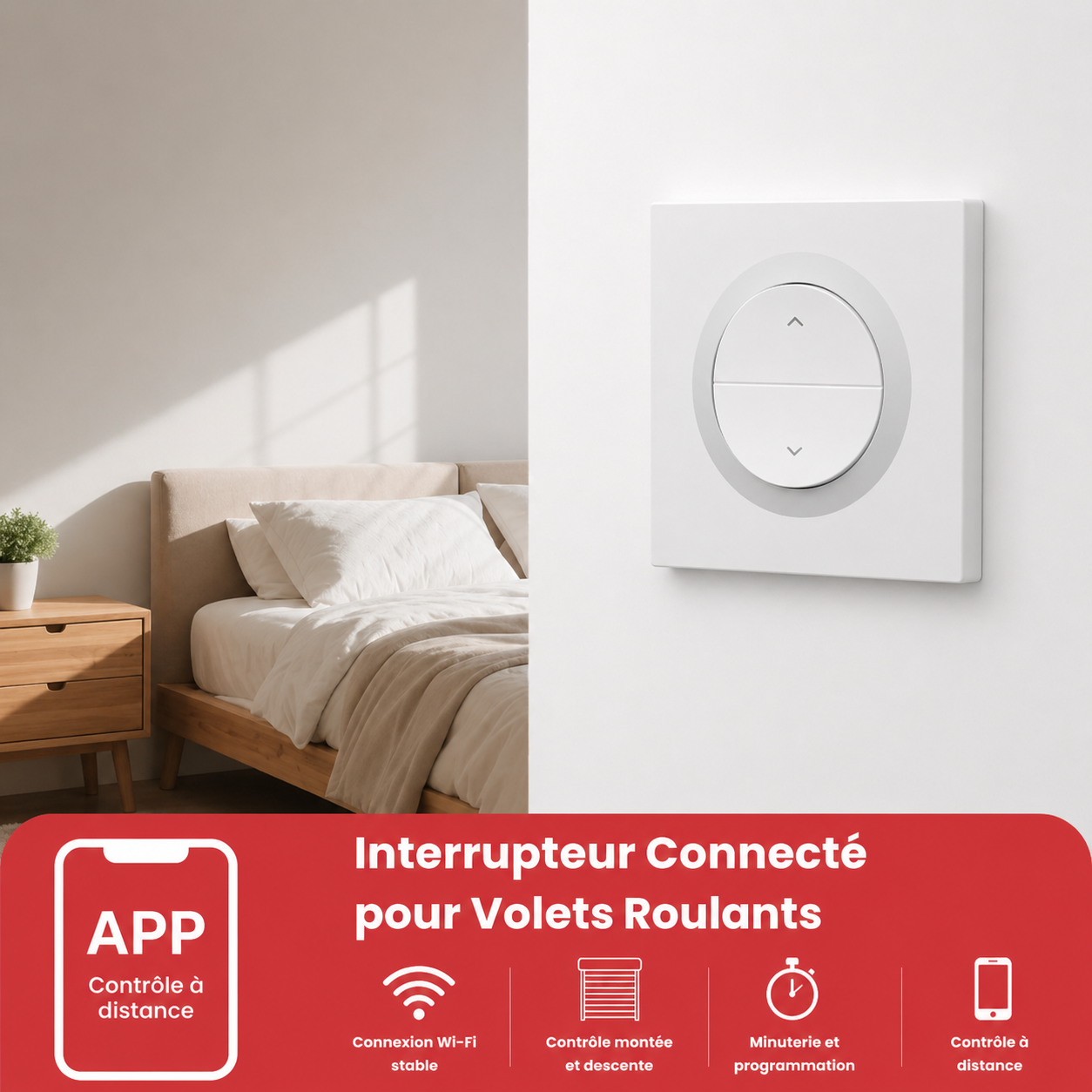 NéoShade Orb-Matter Pro, interrupteur connecté pour volets roulants avec contrôle par application, horaires, automatisation et commande vocale.