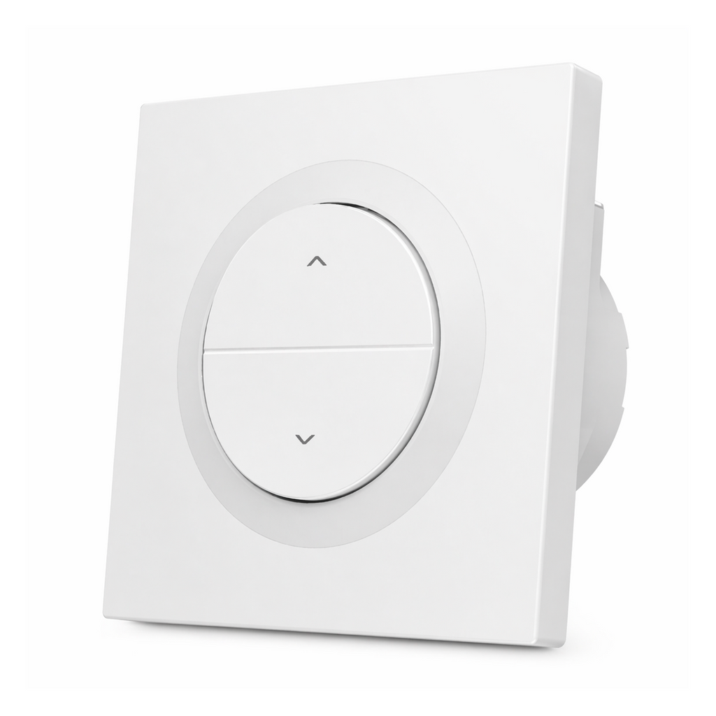Commande de volet NéoShade Orb-Matter Pro blanche vue en angle sur fond blanc.