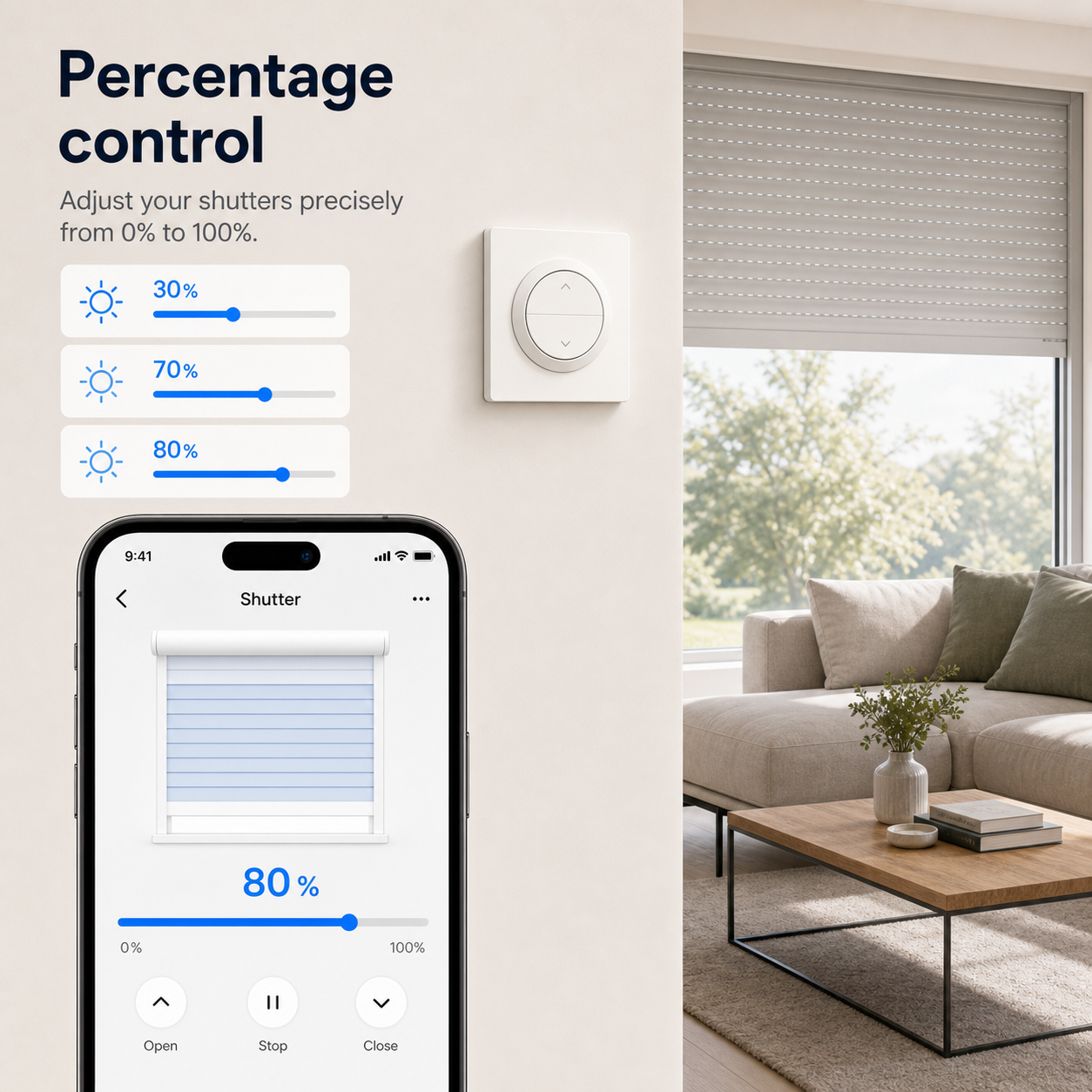 Percentage shutter position control for NéoShade Orb-Matter Pro in a living room