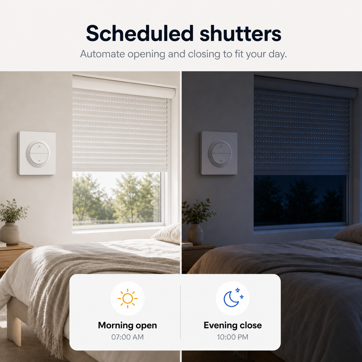 Scheduled morning and evening shutter scenes for NéoShade Orb-Matter Pro