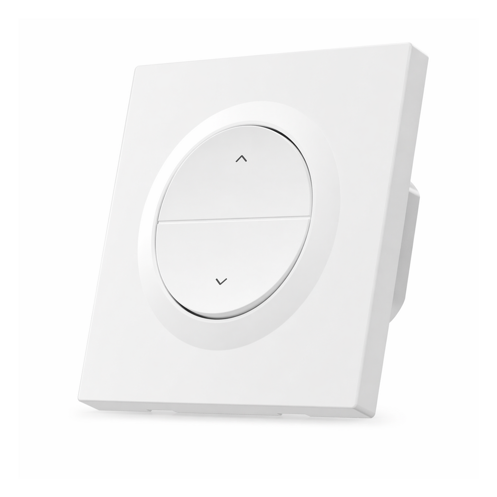 Commande de volet NéoShade Orb-ZigBee Pro blanche vue en angle sur fond blanc.