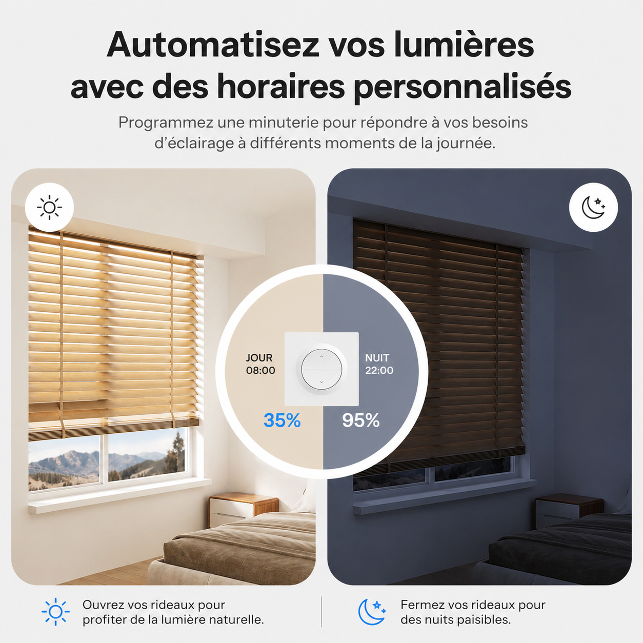 NéoShade Orb-ZigBee Pro, automatisation des volets et lumières avec horaires personnalisés pour optimiser la lumière naturelle et les nuits paisibles.