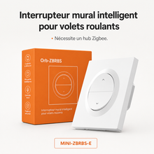 NéoShade Orb-ZigBee Pro MINI-ZBRBS-E, interrupteur mural intelligent pour volets roulants présenté avec son packaging.