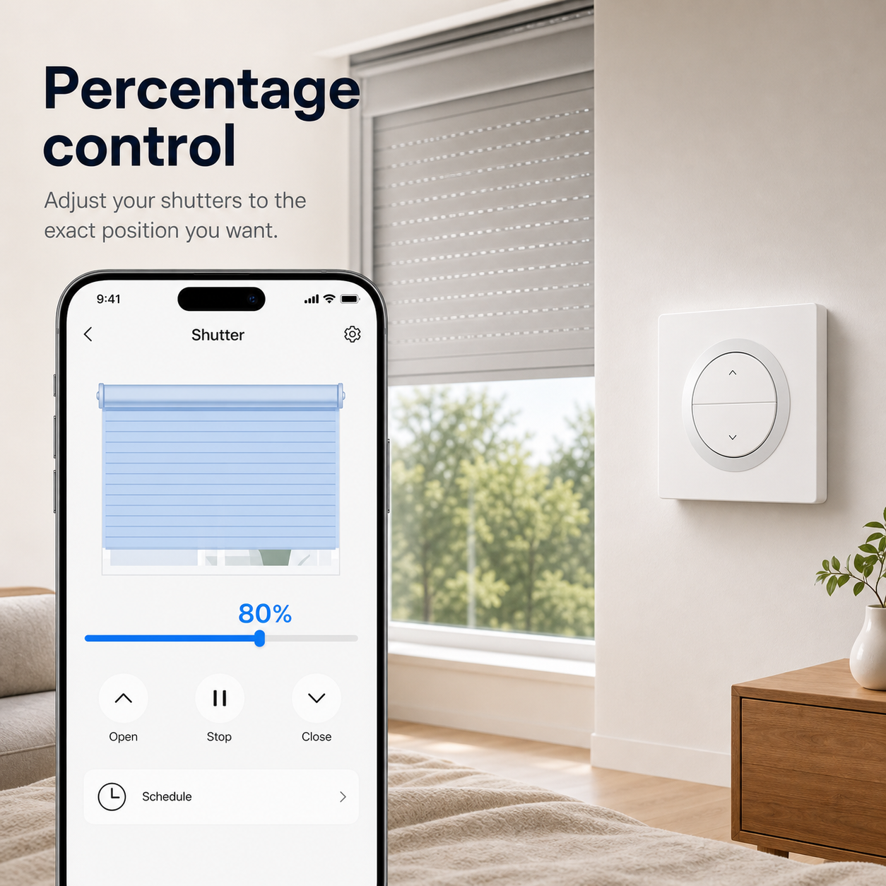 Percentage shutter control for NéoShade Orb-ZigBee Pro with app slider