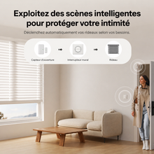 NéoShade Orb-ZigBee Pro, scènes intelligentes pour protéger l'intimité avec capteur d'occupation, interrupteur mural et rideau automatisé.