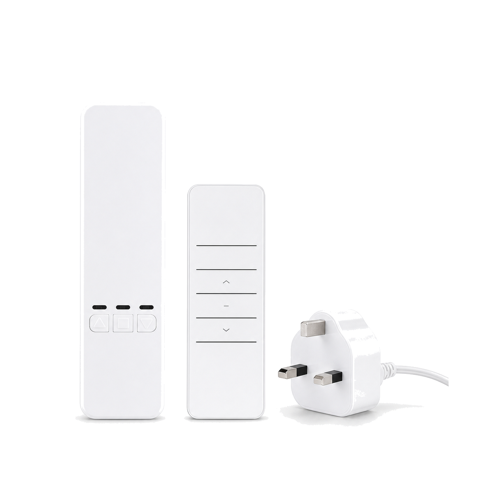 Kit moteur store RF Wi-Fi avec télécommande et adaptateur UK sur fond blanc