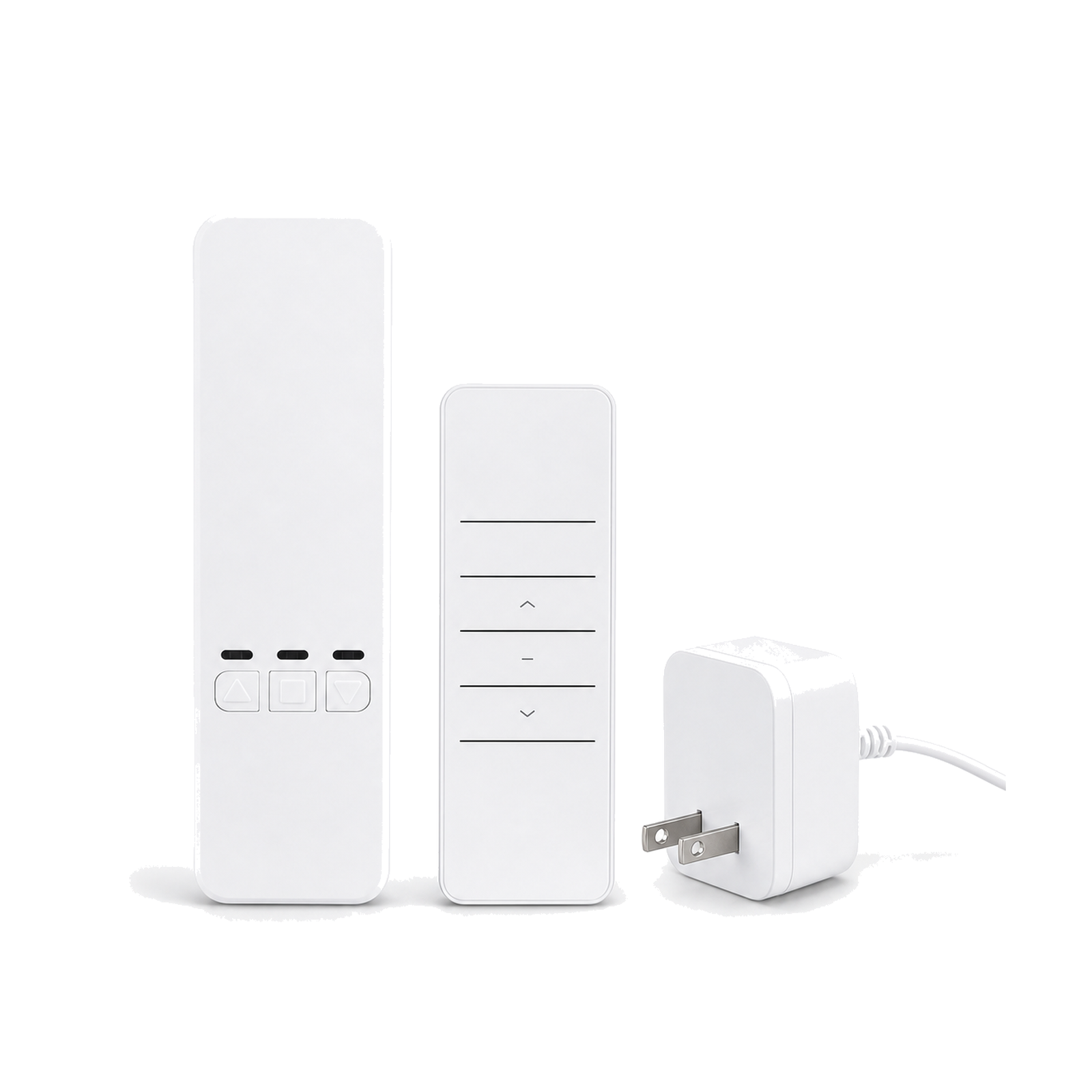 Kit moteur store RF Wi-Fi avec télécommande et adaptateur US sur fond blanc