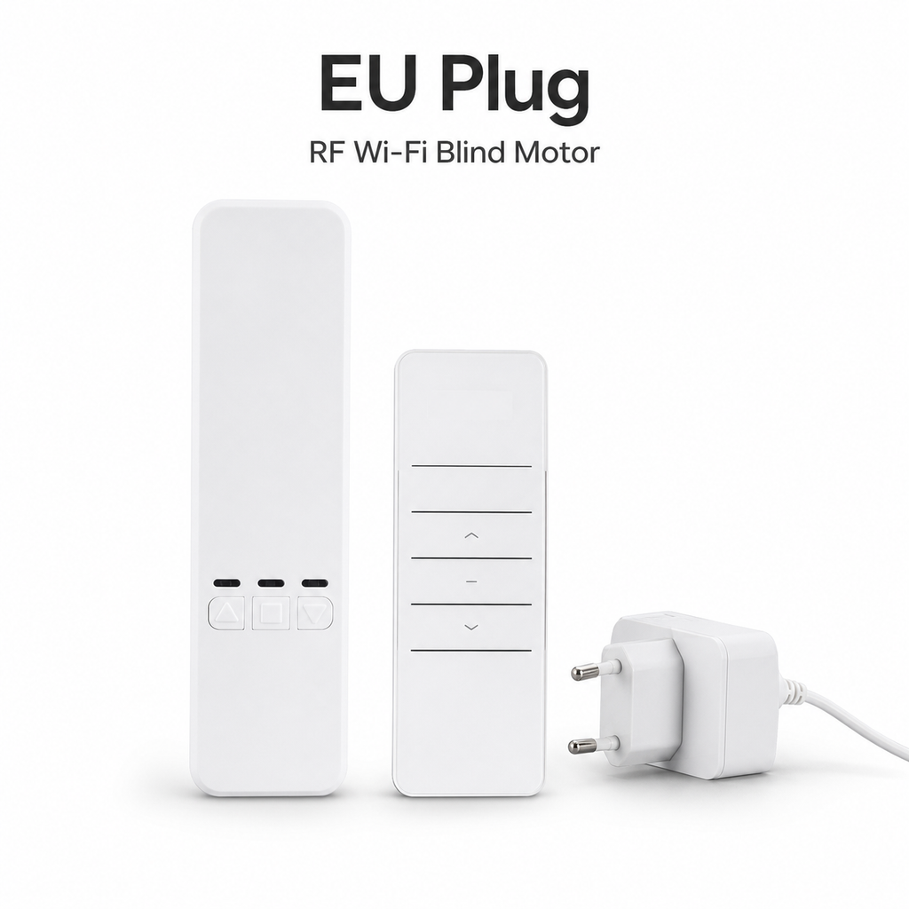 Studio packshot of EU plug RF Wi-Fi blind motor kit