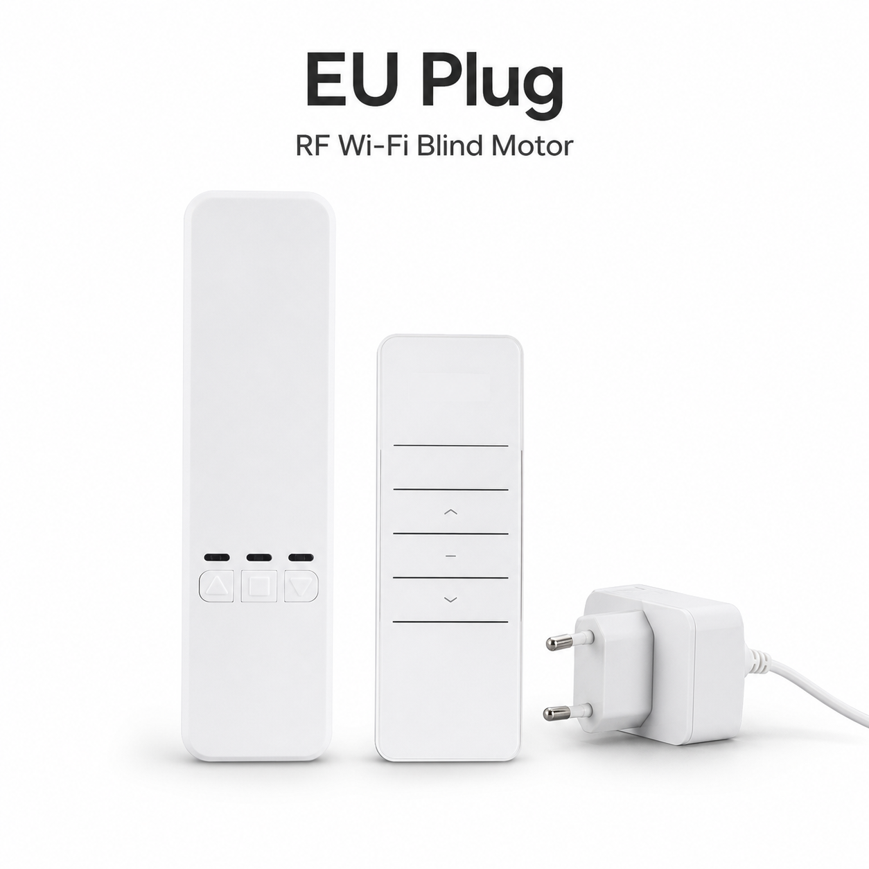 Studio packshot of EU plug RF Wi-Fi blind motor kit