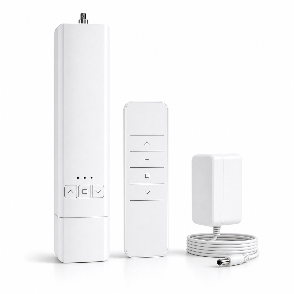 Studio packshot of RF Wi-Fi blind motor kit with motor, remote and power adapter