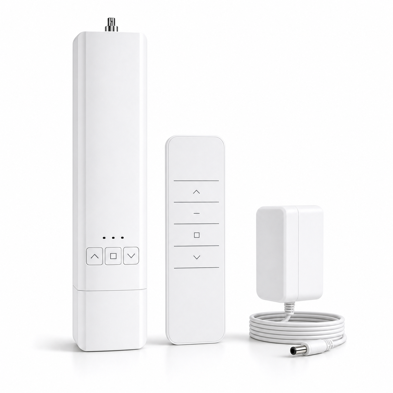 Studio packshot of RF Wi-Fi blind motor kit with motor, remote and power adapter