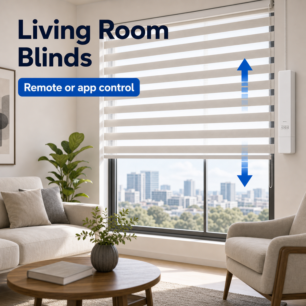 Living room blinds controlled by remote or app