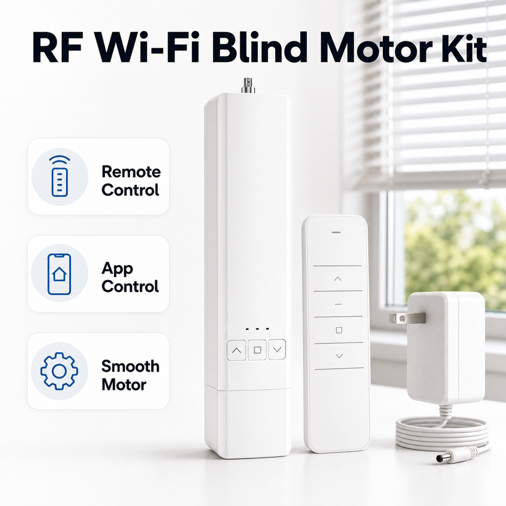 Studio packshot of RF Wi-Fi blind motor kit with remote controller