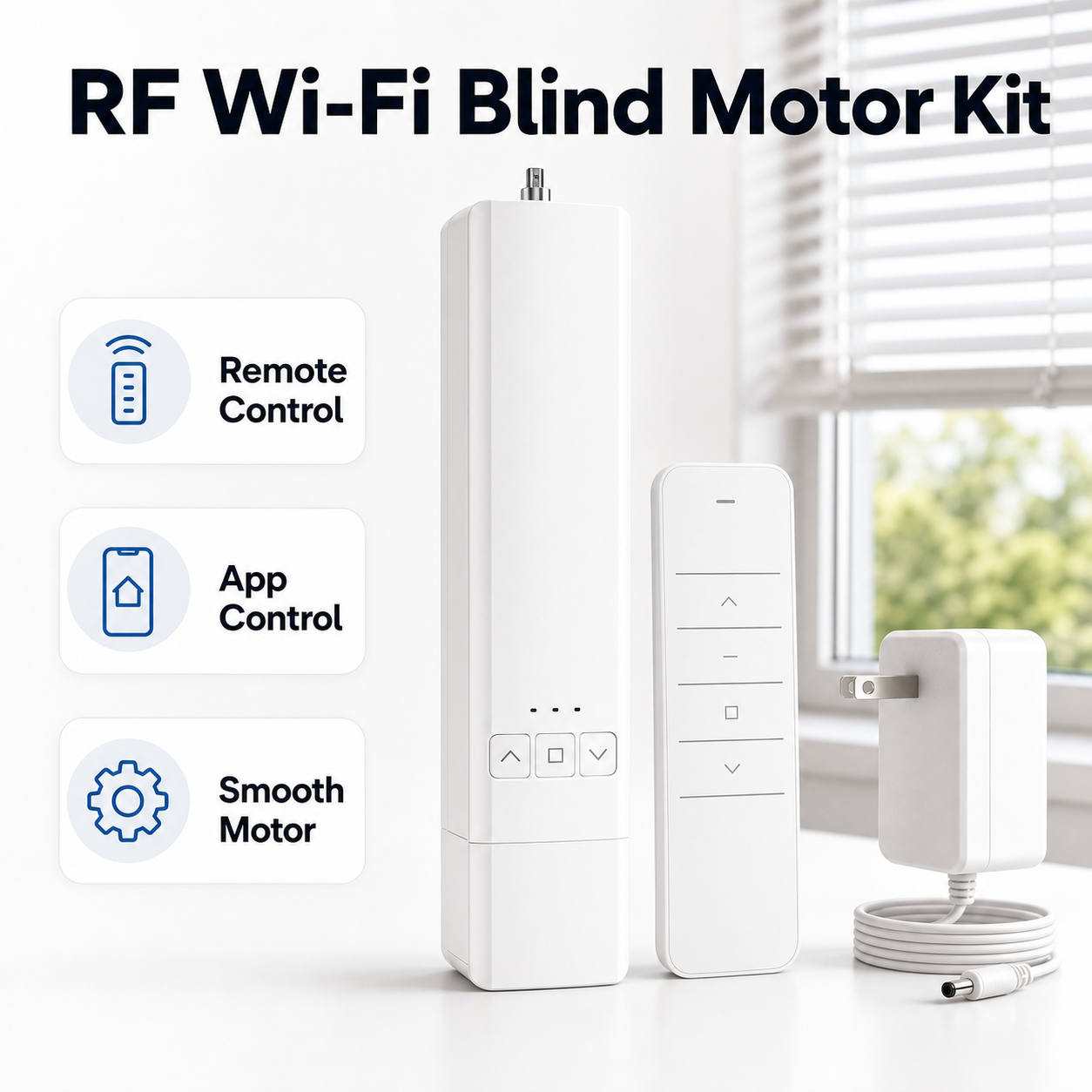 Studio packshot of RF Wi-Fi blind motor kit with remote controller