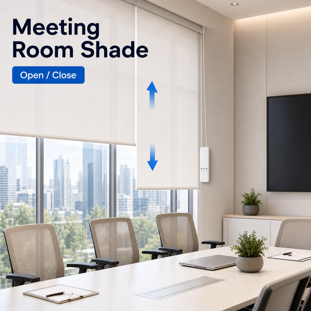 Meeting room shade control with motorized blind