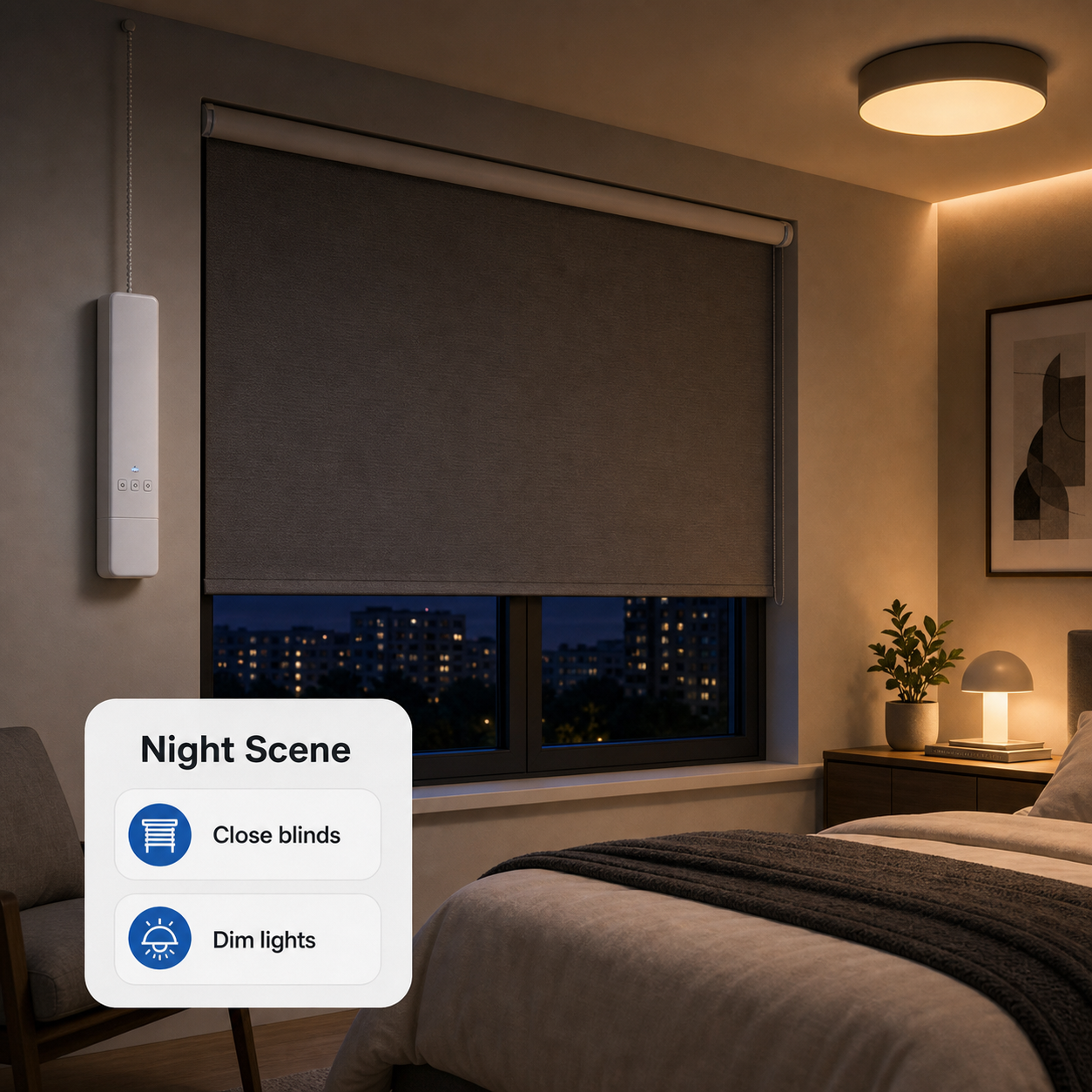 Night scene automation for blinds and lights