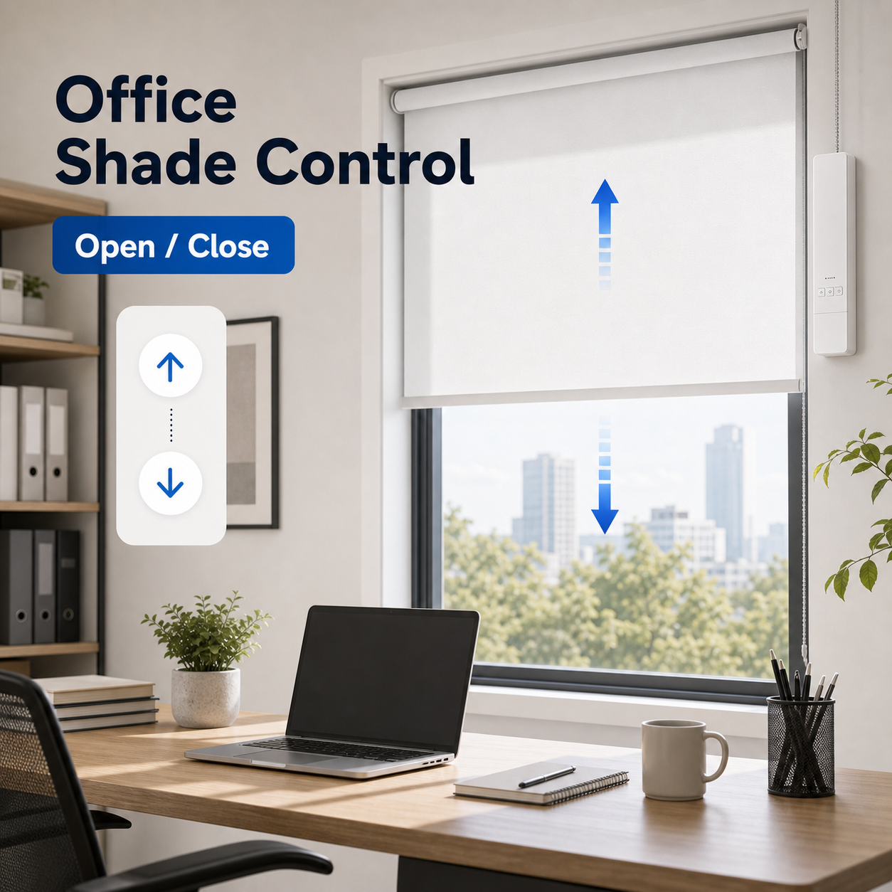 Office shade control scene with motorized roller blind