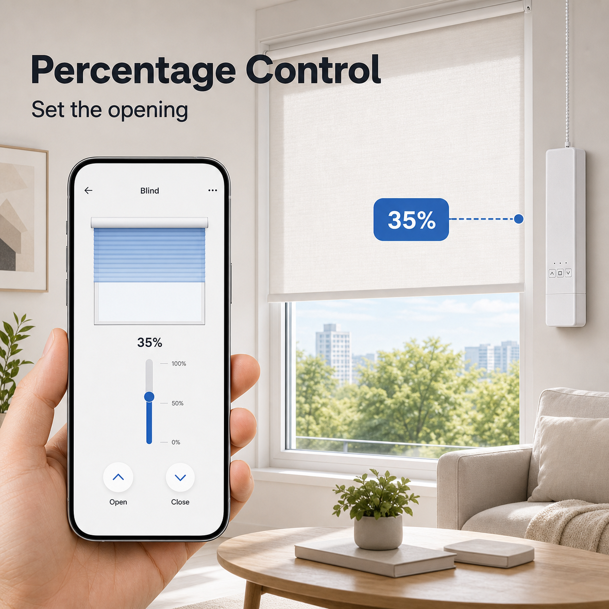 Percentage control interface for motorized blinds