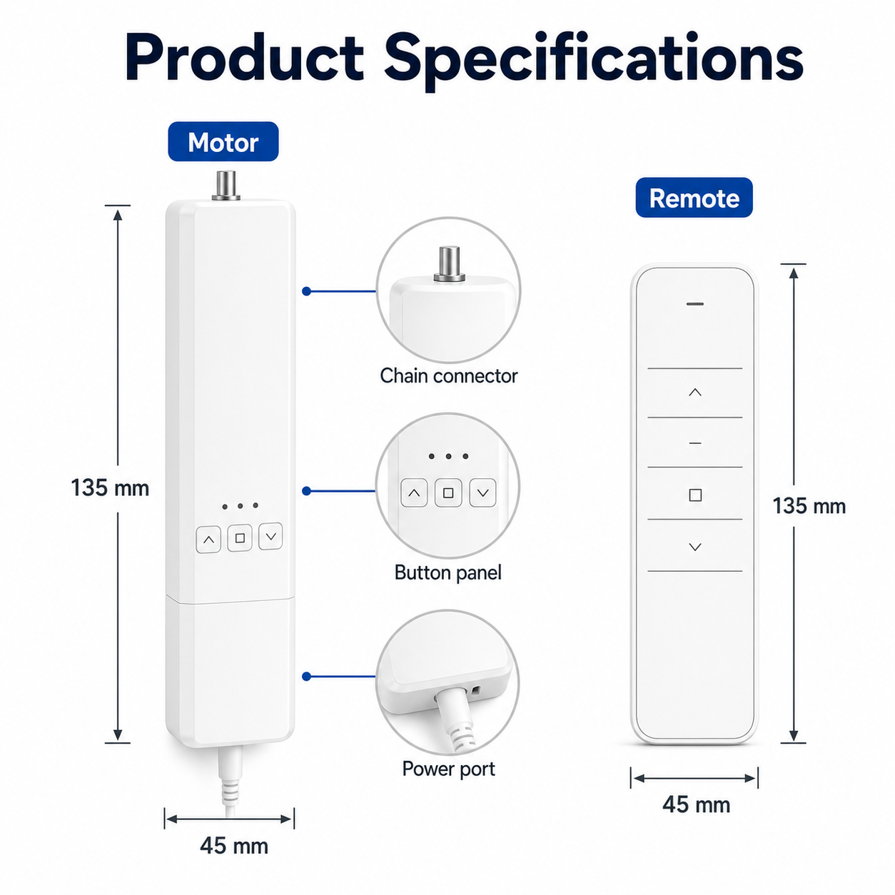 Product specifications and dimensions for blind motor and remote