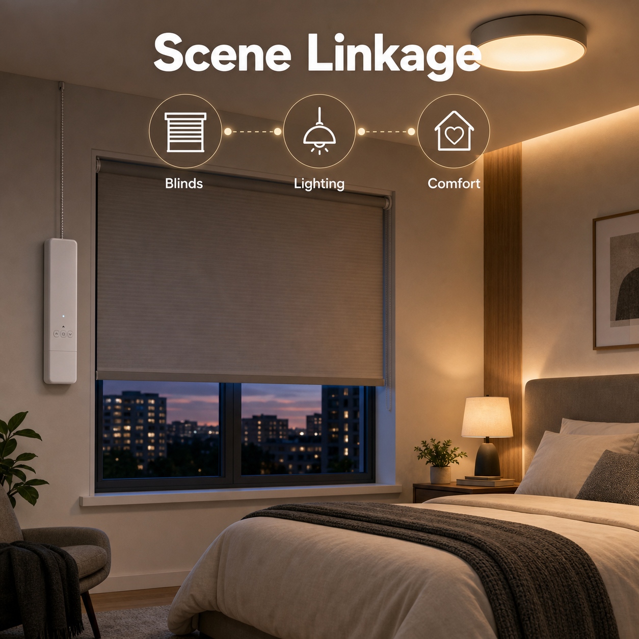 Smart scene linkage for blinds and room lighting