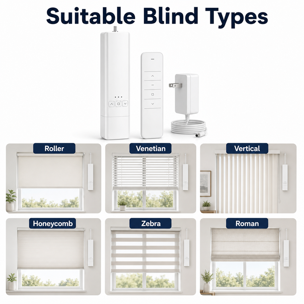 Compatible blind type overview for RF Wi-Fi motor kit