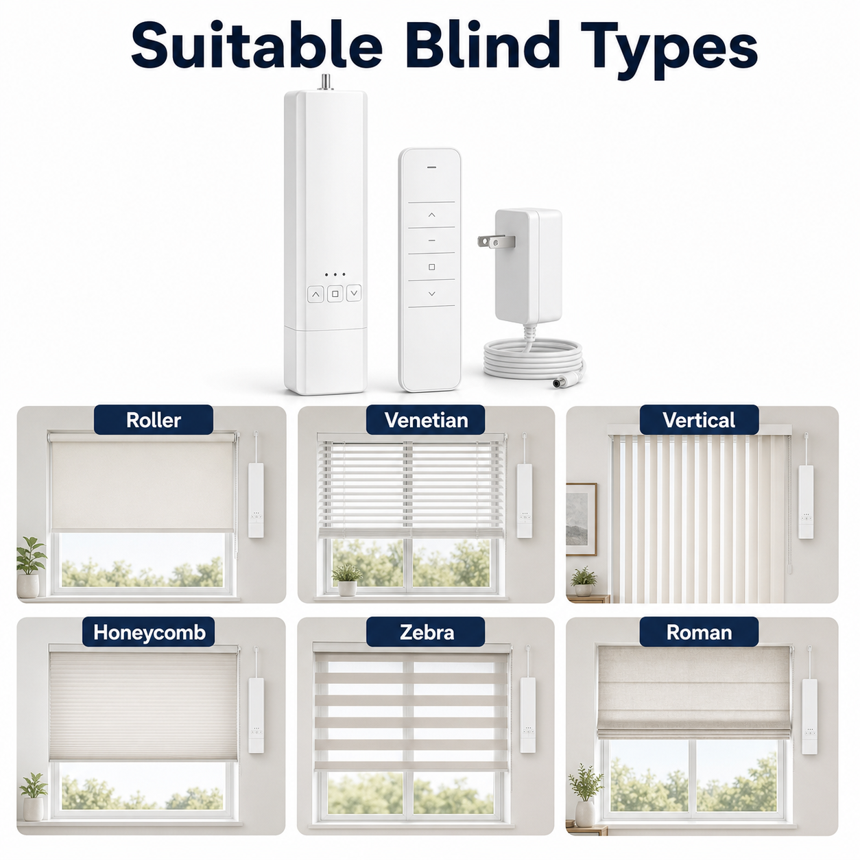 Compatible blind type overview for RF Wi-Fi motor kit