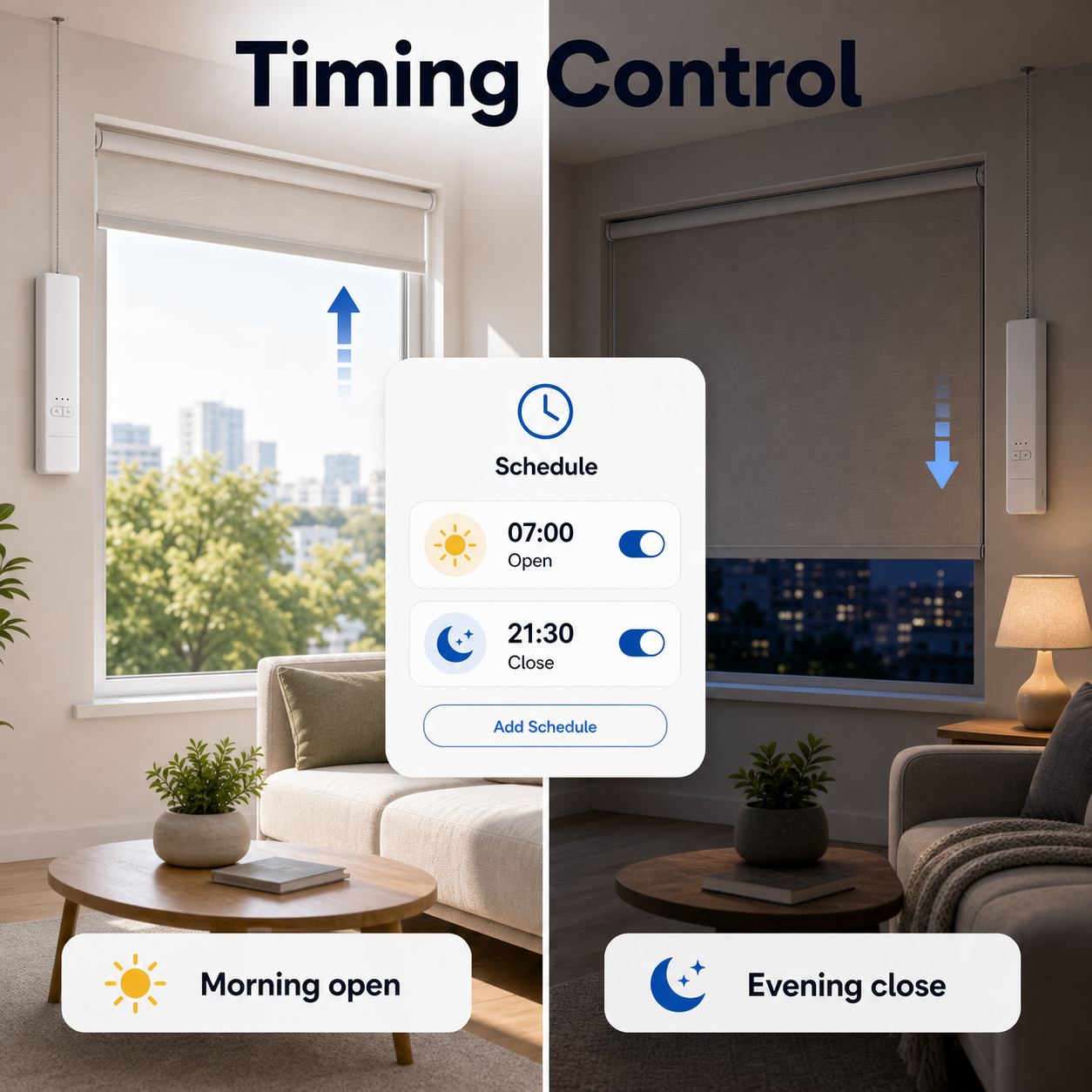 Timing control schedule for motorized blinds