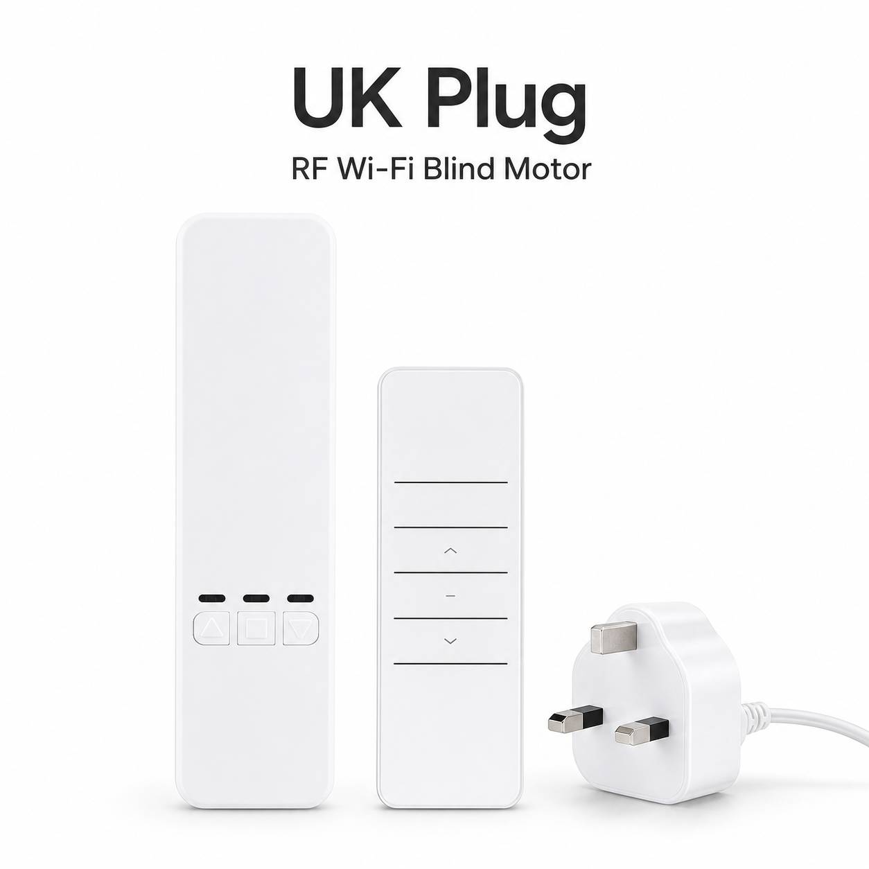 Studio packshot of UK plug RF Wi-Fi blind motor kit