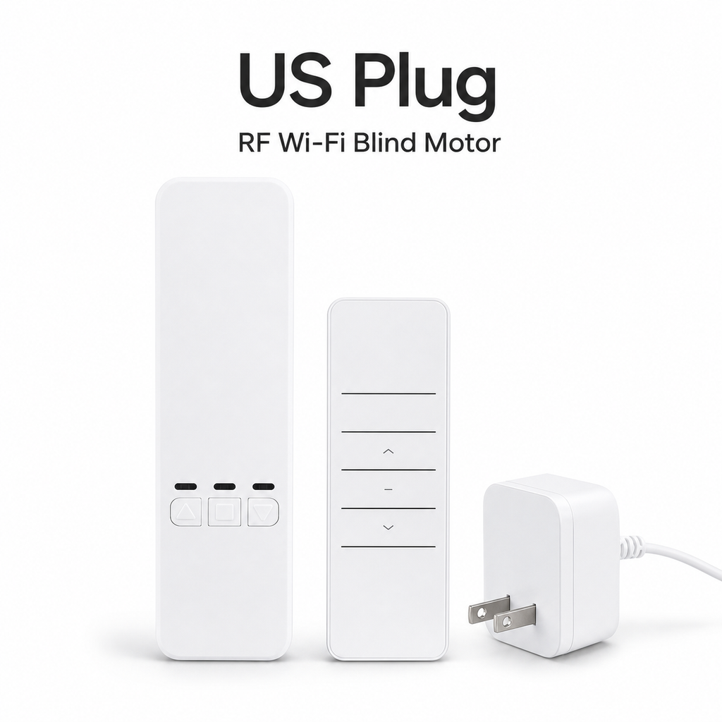 Studio packshot of US plug RF Wi-Fi blind motor kit