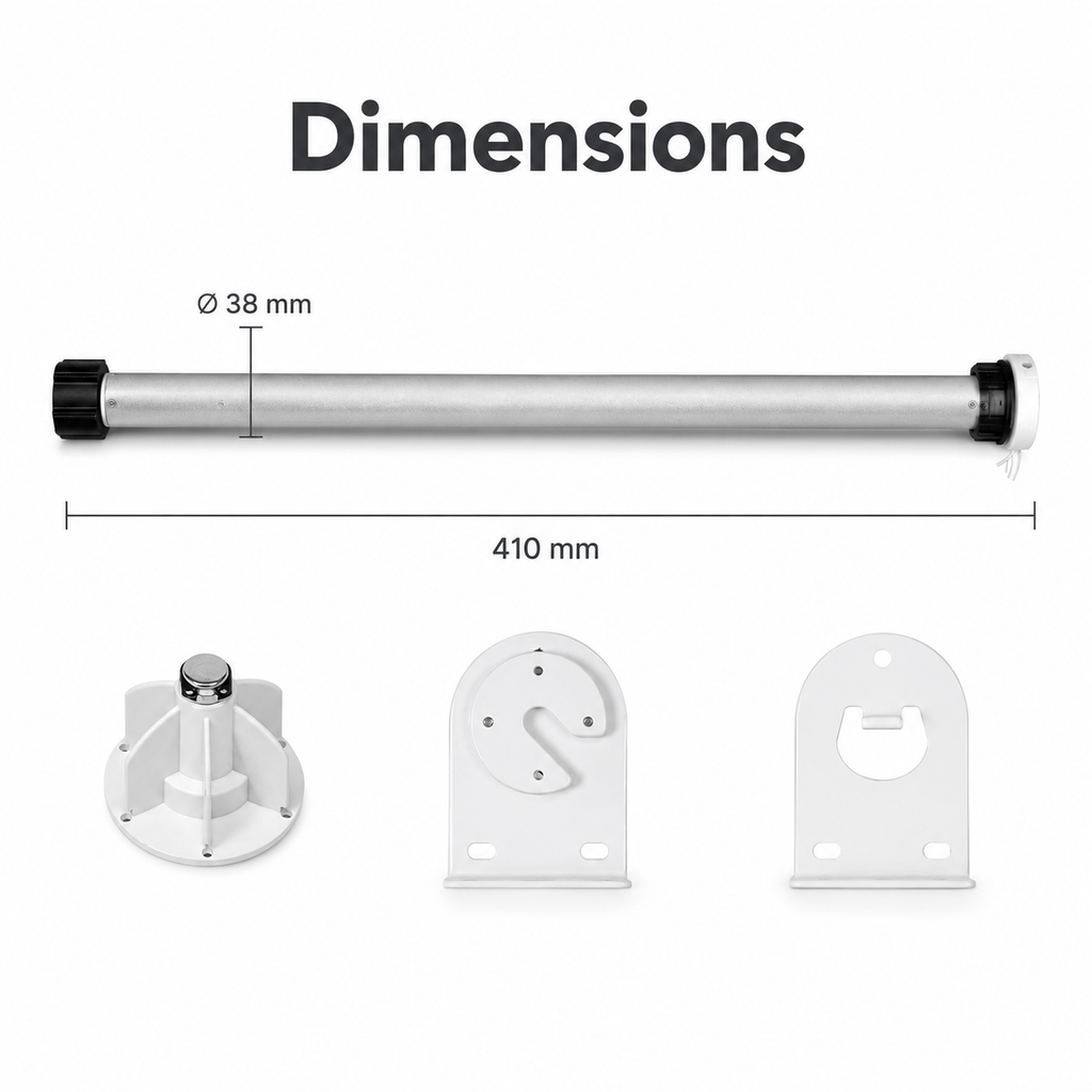 Dimension diagram for 38 mm tubular roller blind motor and brackets