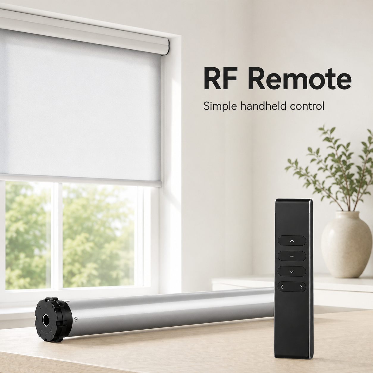 Handheld RF remote controlling a motorized roller blind