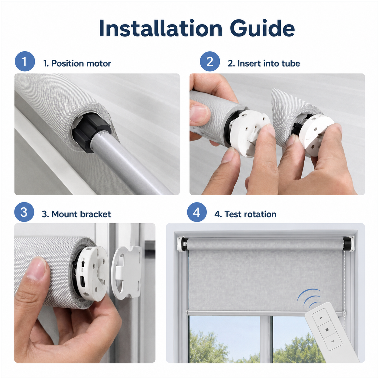 Four step installation guide for tubular roller blind motor