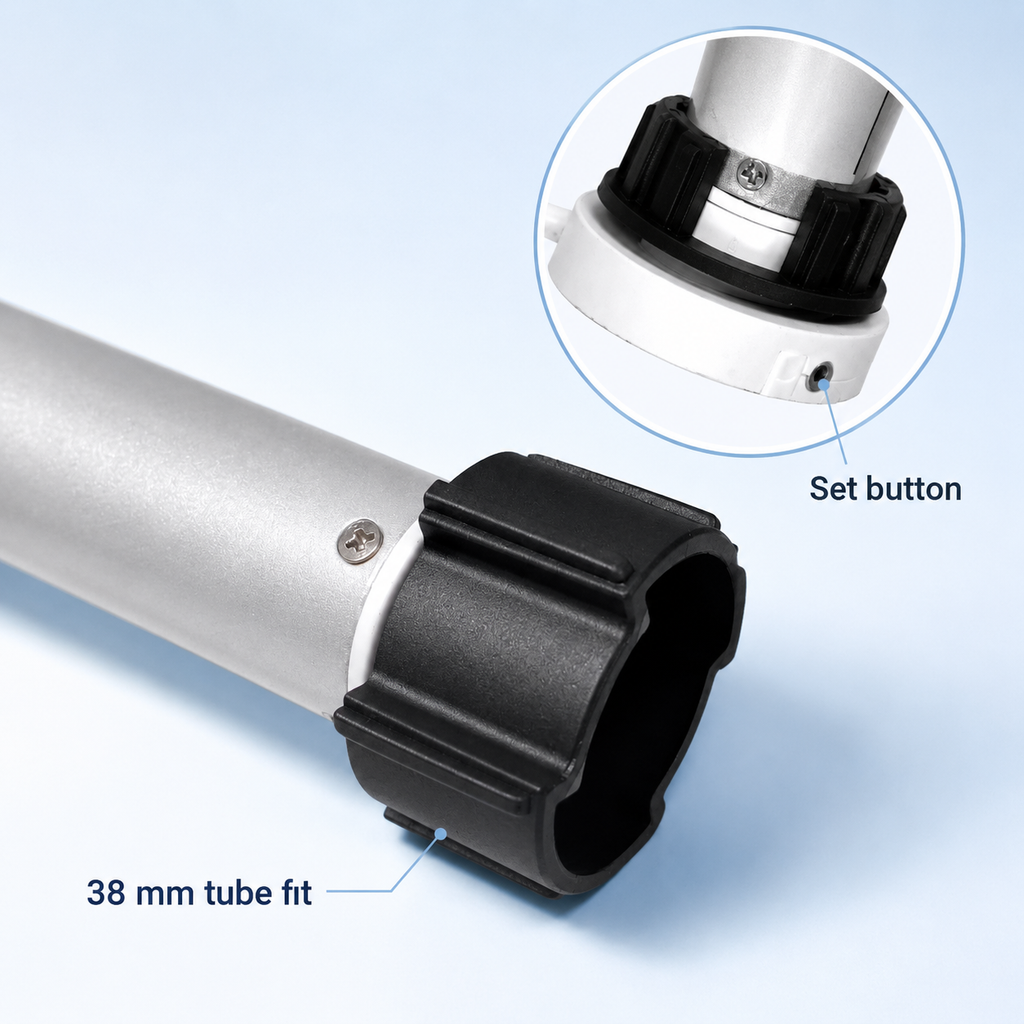 End cap and set button detail for 38 mm tubular motor