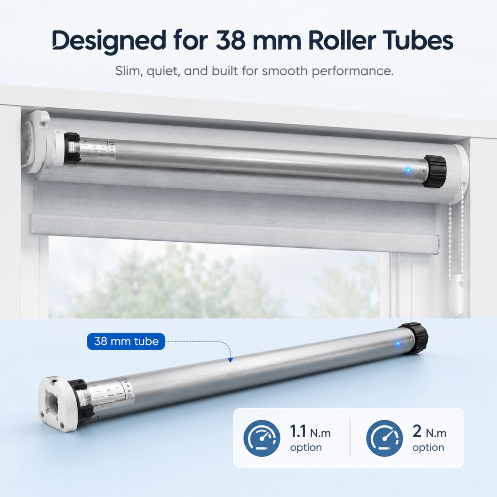 Compatibility visual for 38 mm roller tubes and torque options
