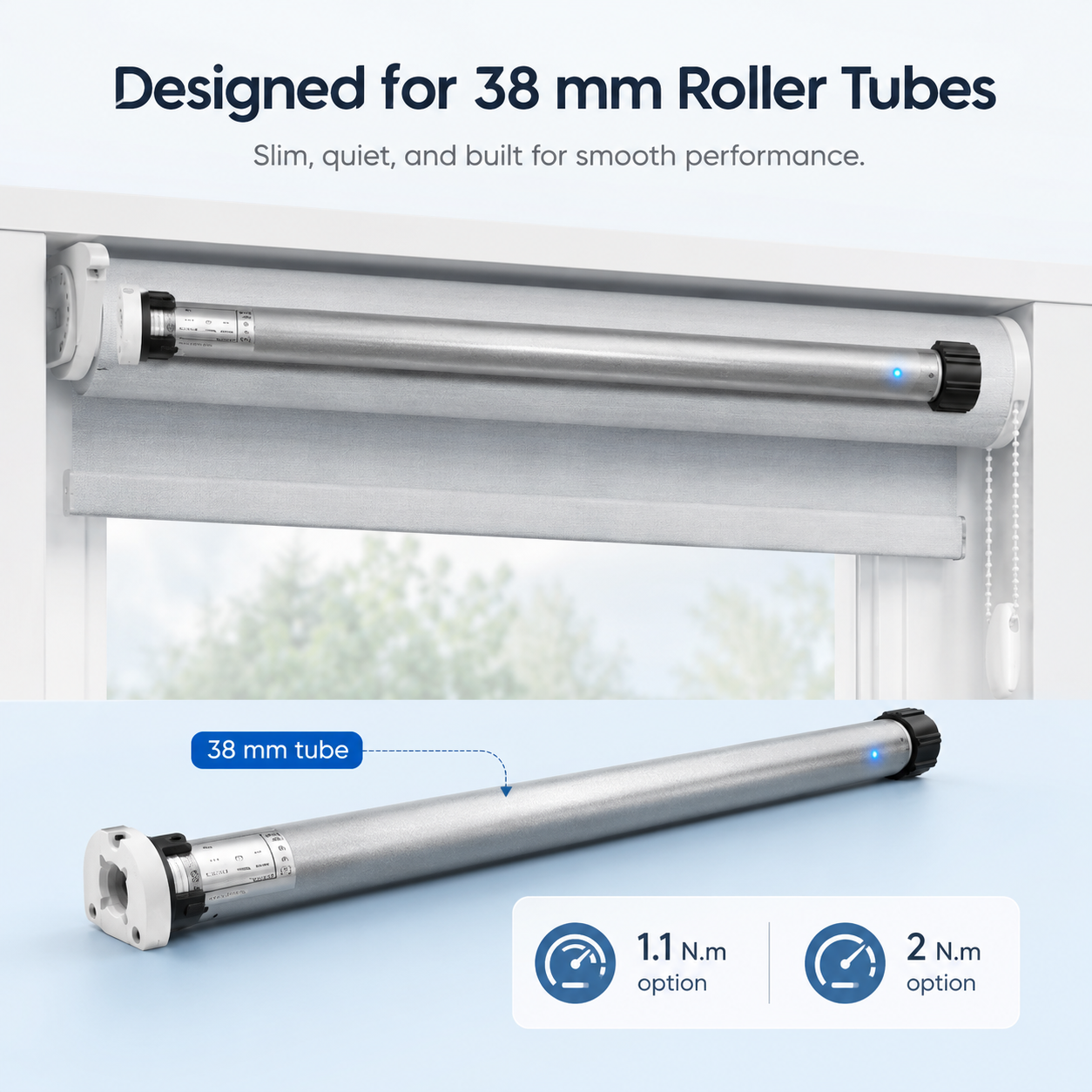 Compatibility visual for 38 mm roller tubes and torque options