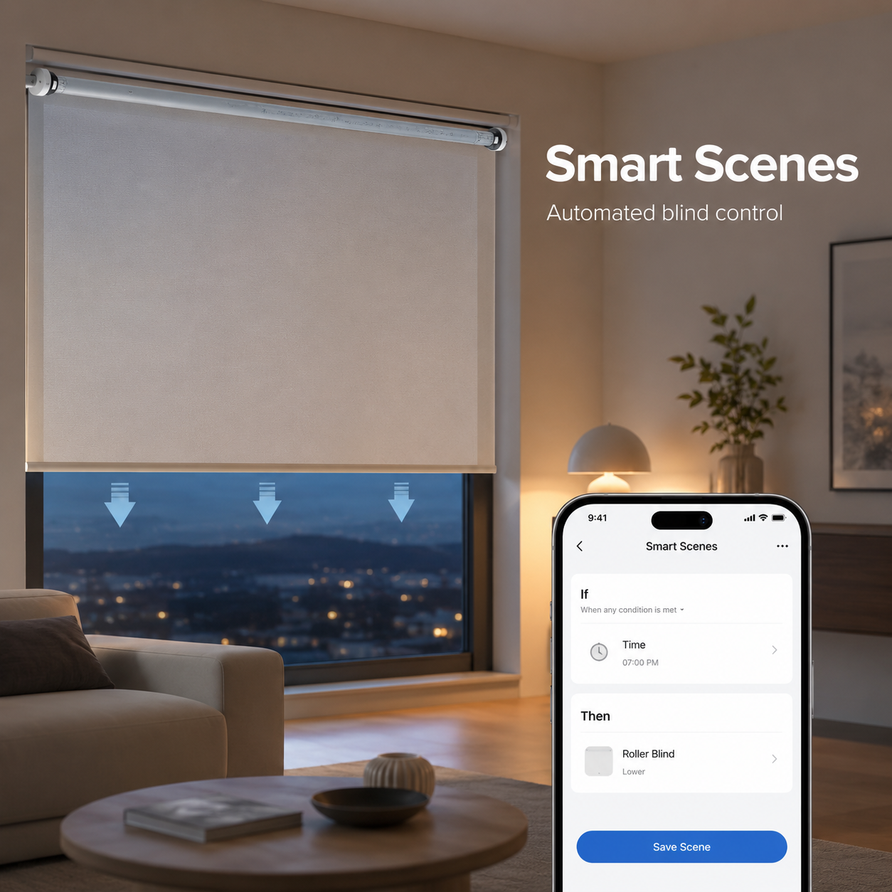 Smart scene automation for motorized roller blinds in a living room