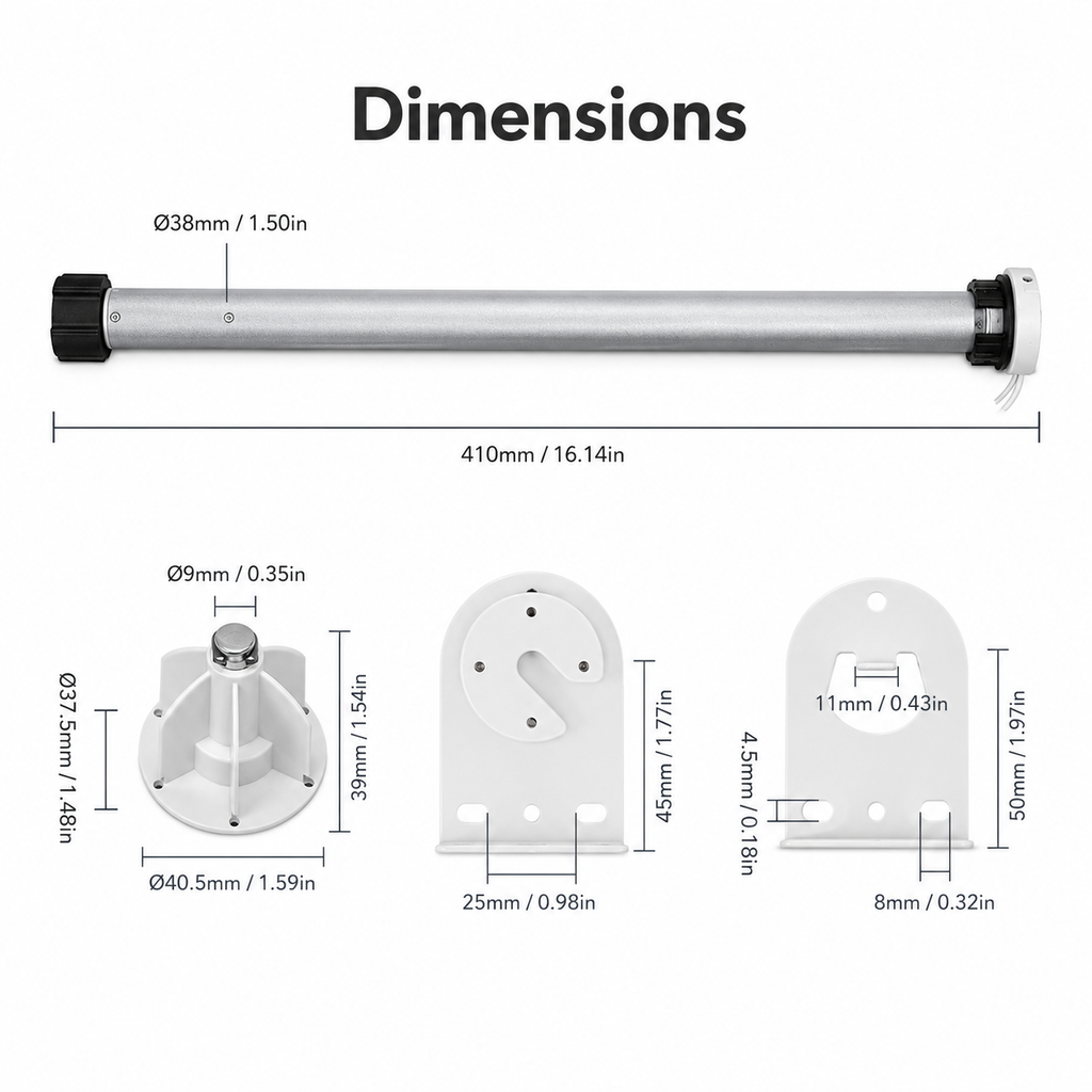 Technical dimensions diagram for tubular roller blind motor
