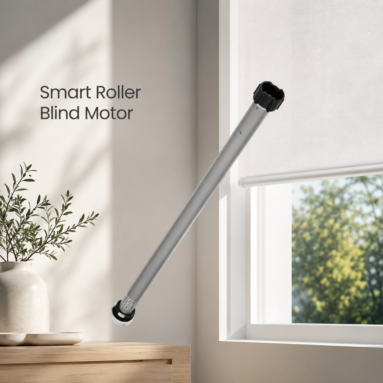 Smart roller blind motor shown in a modern window scene