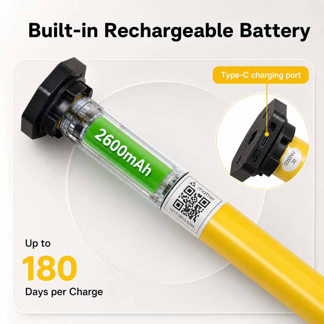 NéoShade Tube Matter Comfort built-in rechargeable battery 2600mAh Type-C charging port